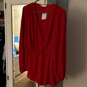 Elegant Red Surplice Long-Sleeve Blouse - Women's Top